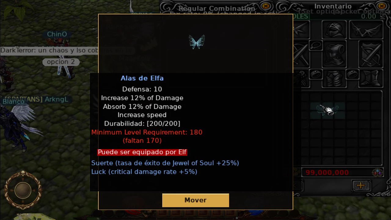 Detalle de Alas de Elfa con requisito de nivel 180 y clase Elf