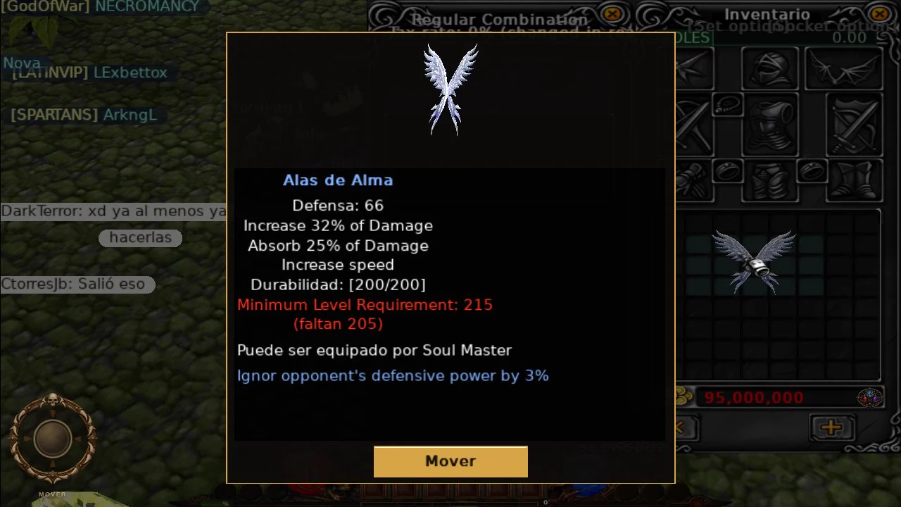 Detalle de Alas de Alma con requisito de nivel 215 y clase Soul Master