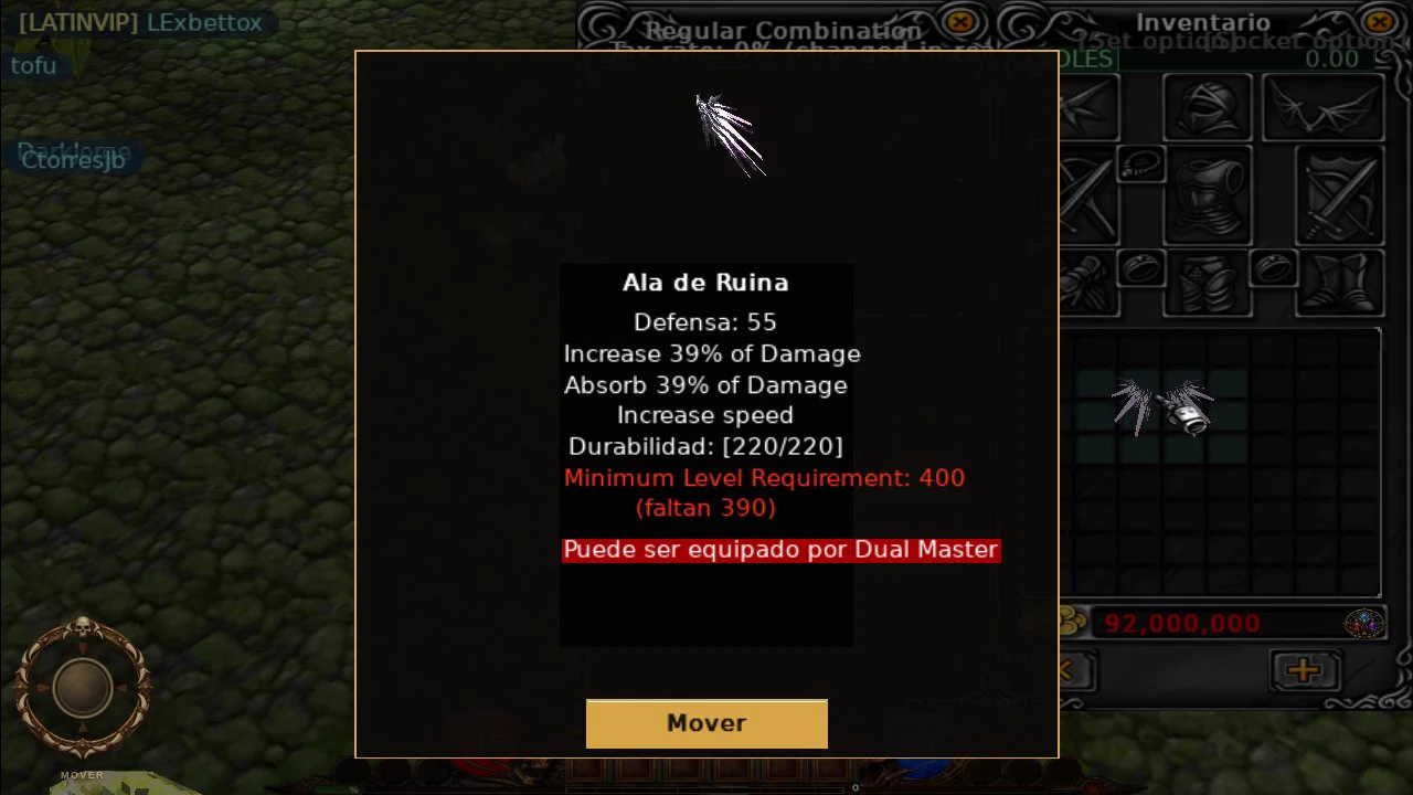 Detalle de Ala de Ruina con requisito de nivel 400 y clase Dual Master